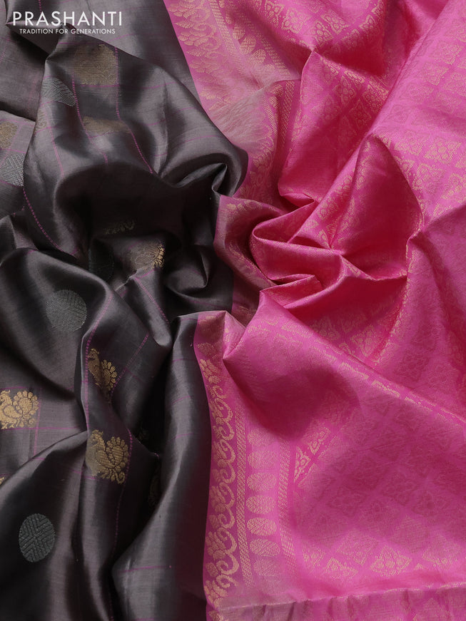 Pure soft silk saree grey and light pink with allover checks & zari buttas in borderless style