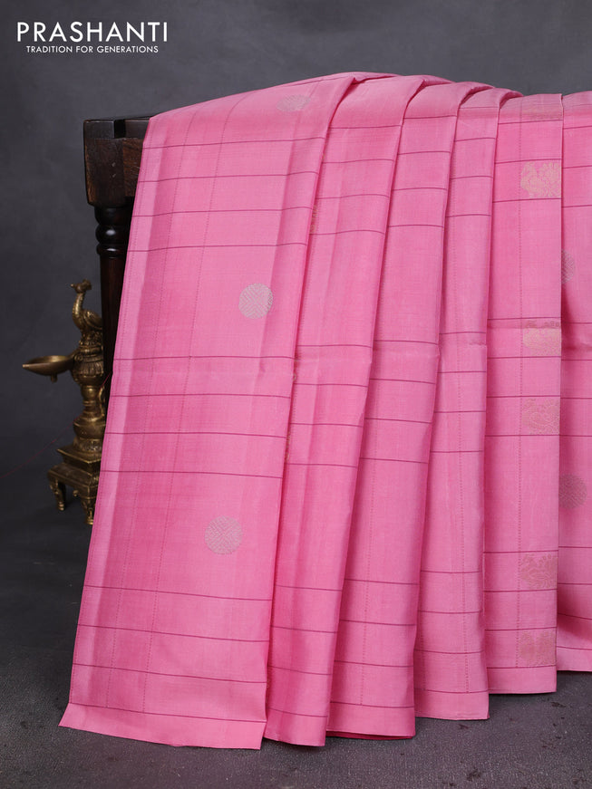 Pure soft silk saree peach pink and dark pink with allover checks & zari buttas in borderless style