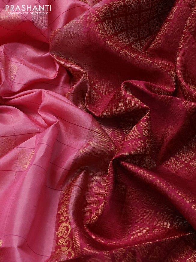 Pure soft silk saree peach pink and dark pink with allover checks & zari buttas in borderless style
