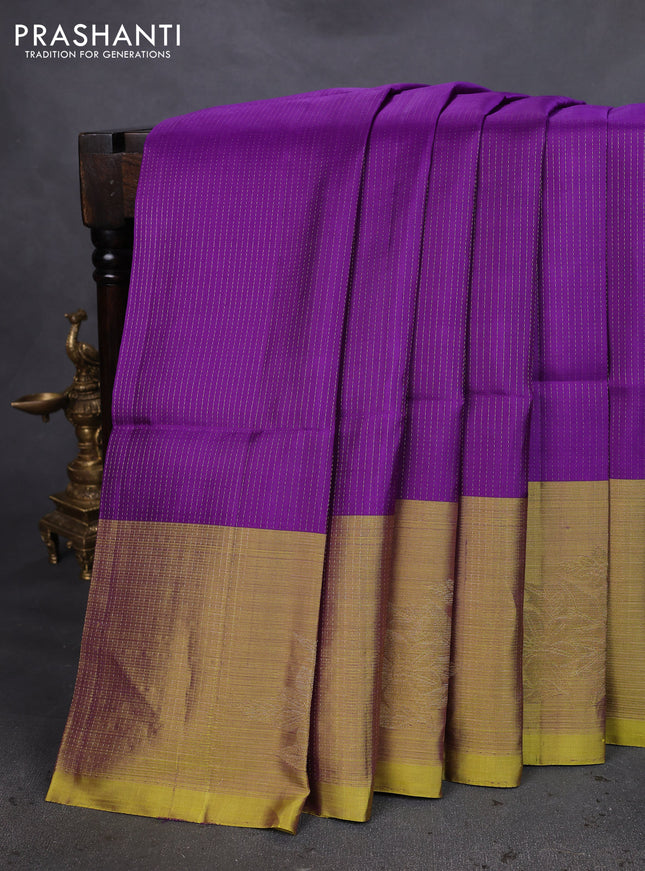 Pure soft silk saree violet and lime yellow with allover zari weaves and long floral zari woven border