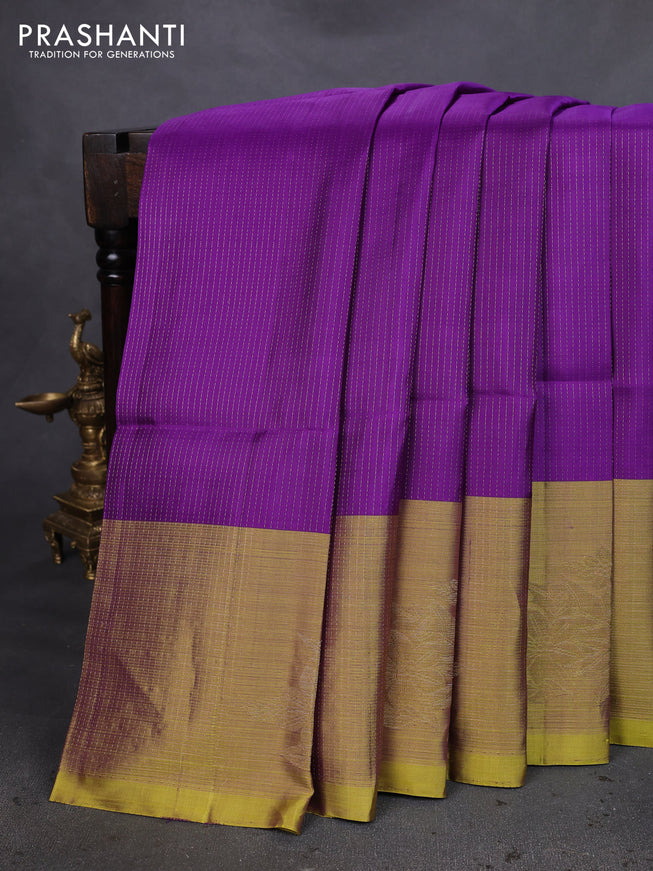 Pure soft silk saree violet and lime yellow with allover zari weaves and long floral zari woven border