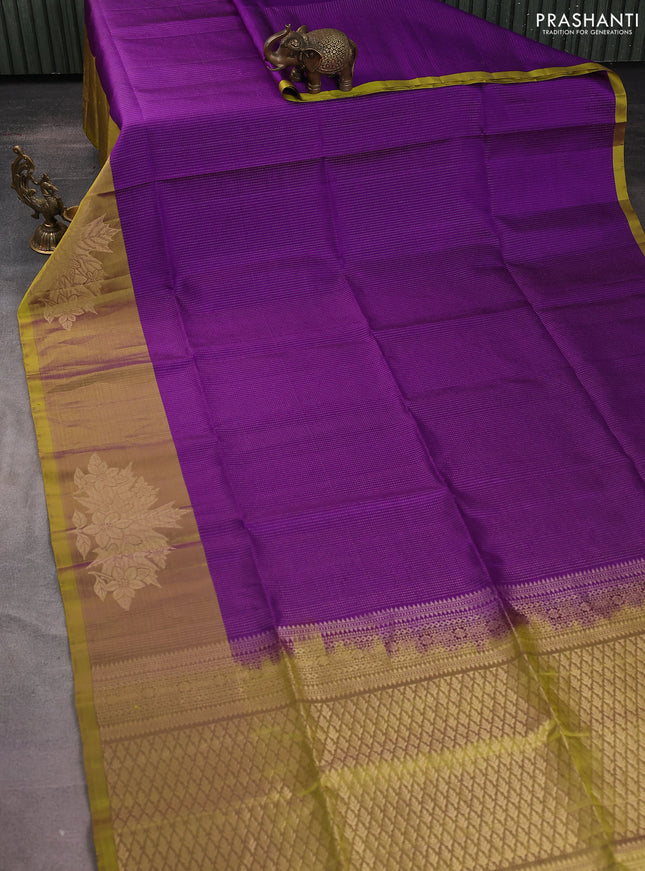 Pure soft silk saree violet and lime yellow with allover zari weaves and long floral zari woven border