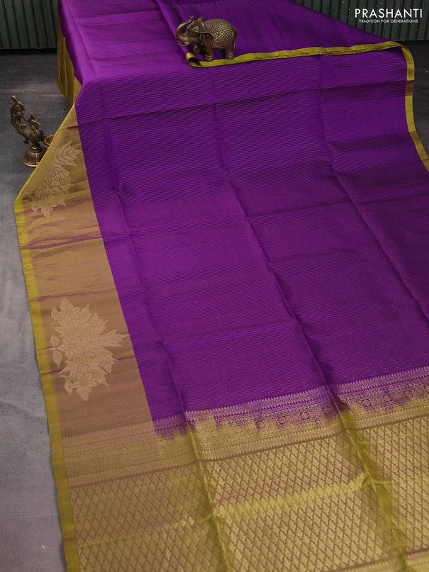 Pure soft silk saree violet and lime yellow with allover zari weaves and long floral zari woven border