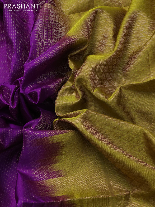 Pure soft silk saree violet and lime yellow with allover zari weaves and long floral zari woven border