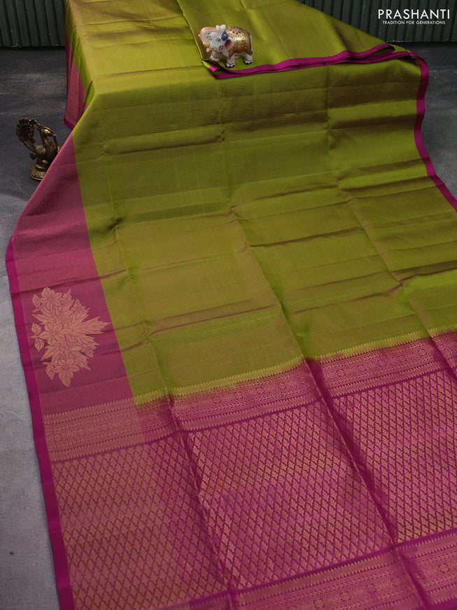 Pure soft silk saree mehendi green and pink with allover zari weaves and long floral zari woven border