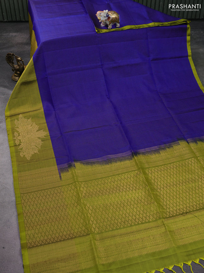 Pure soft silk saree blue and lime yellow with allover zari weaves and long floral zari woven border