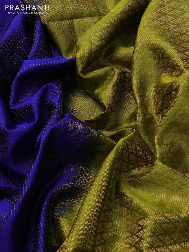 Pure soft silk saree blue and lime yellow with allover zari weaves and long floral zari woven border