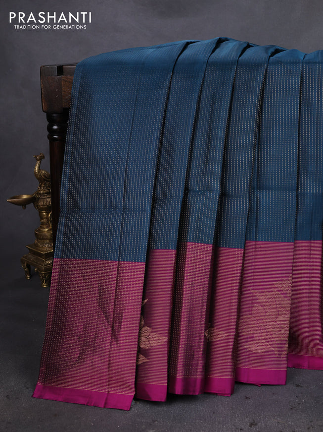 Pure soft silk saree peacock blue and magenta pink with allover zari weaves and long floral zari woven border