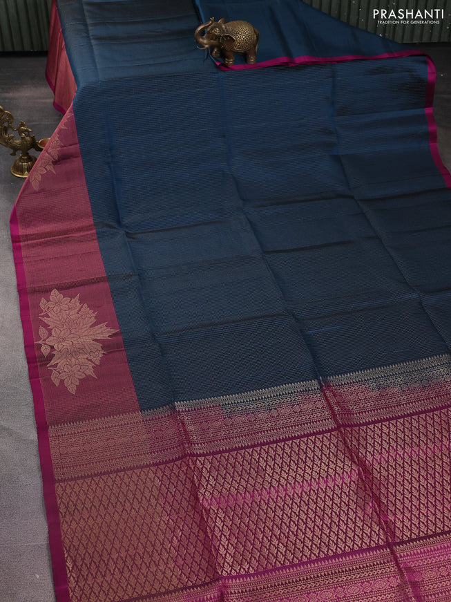 Pure soft silk saree peacock blue and magenta pink with allover zari weaves and long floral zari woven border