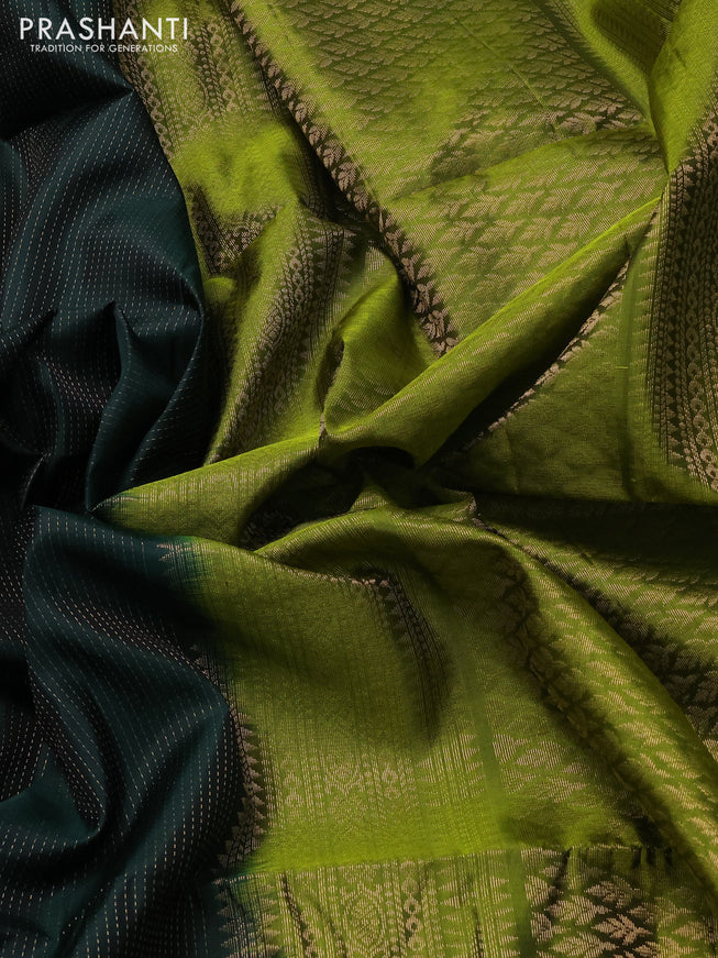 Pure soft silk saree bottle green and light green with allover zari weaves and long floral zari woven border