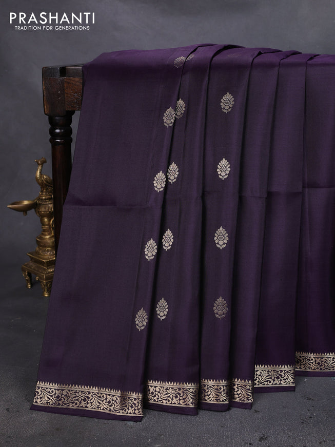 Pure soft silk saree deep purple with zari woven buttas and zari woven floral border