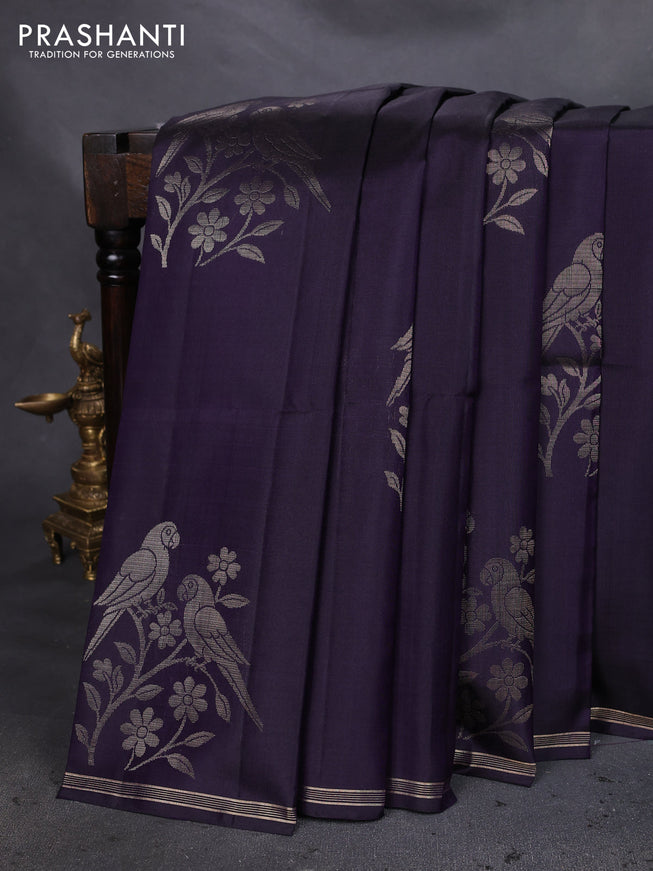 Pure soft silk saree jamun shade with parrot zari woven buttas and small zari woven border