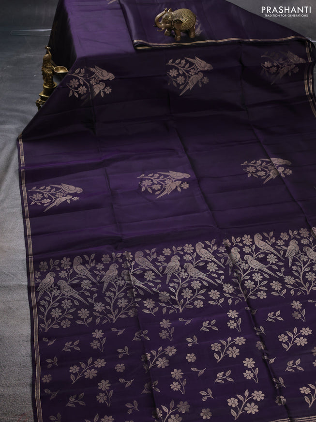 Pure soft silk saree jamun shade with parrot zari woven buttas and small zari woven border
