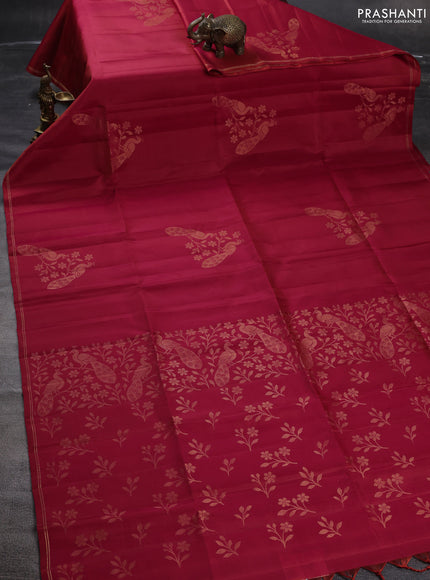 Pure soft silk saree dual shade of pinkish orange with parrot zari woven buttas and small zari woven border