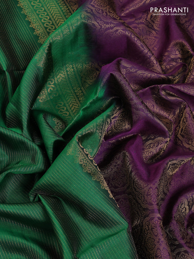 Pure soft silk saree green and deep purple with allover zari weaves and long zari checks butta border