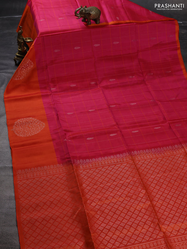 Pure soft silk saree pink and orange with allover zari checks & zari buttas and long silver zari woven butta border