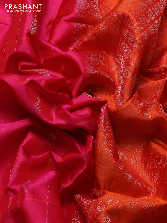 Pure soft silk saree pink and orange with allover zari checks & zari buttas and long silver zari woven butta border