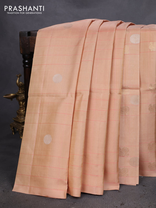 Pure soft silk saree sandal and peach pink with allover checks & zari buttas in borderless style