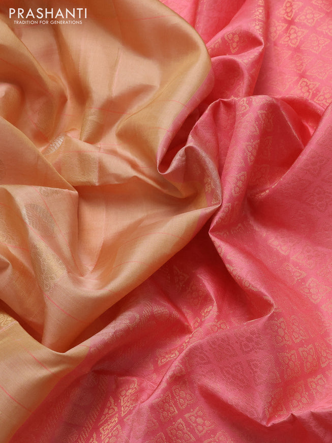 Pure soft silk saree sandal and peach pink with allover checks & zari buttas in borderless style