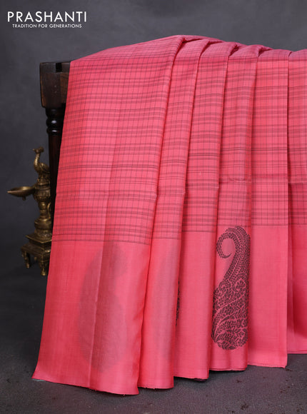 Pure soft silk saree peach pink and wine shade with allover thread woven checked pattern and paisley thread woven butta border