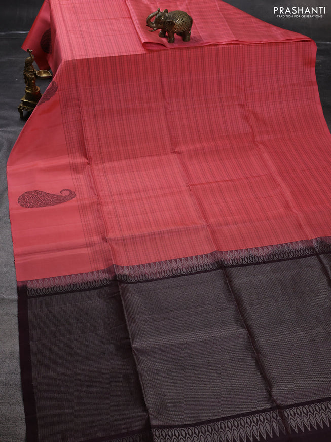 Pure soft silk saree peach pink and wine shade with allover thread woven checked pattern and paisley thread woven butta border