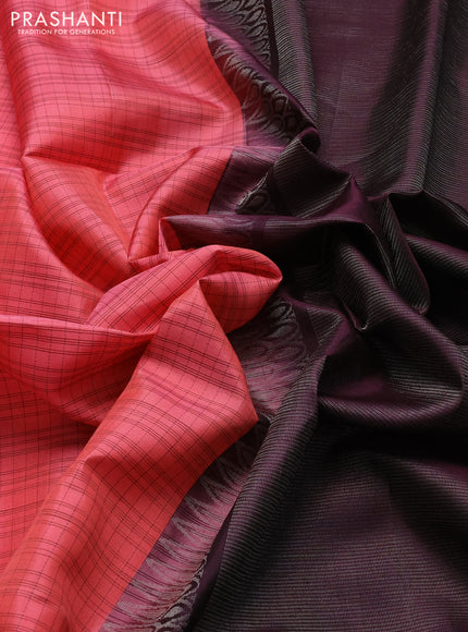 Pure soft silk saree peach pink and wine shade with allover thread woven checked pattern and paisley thread woven butta border