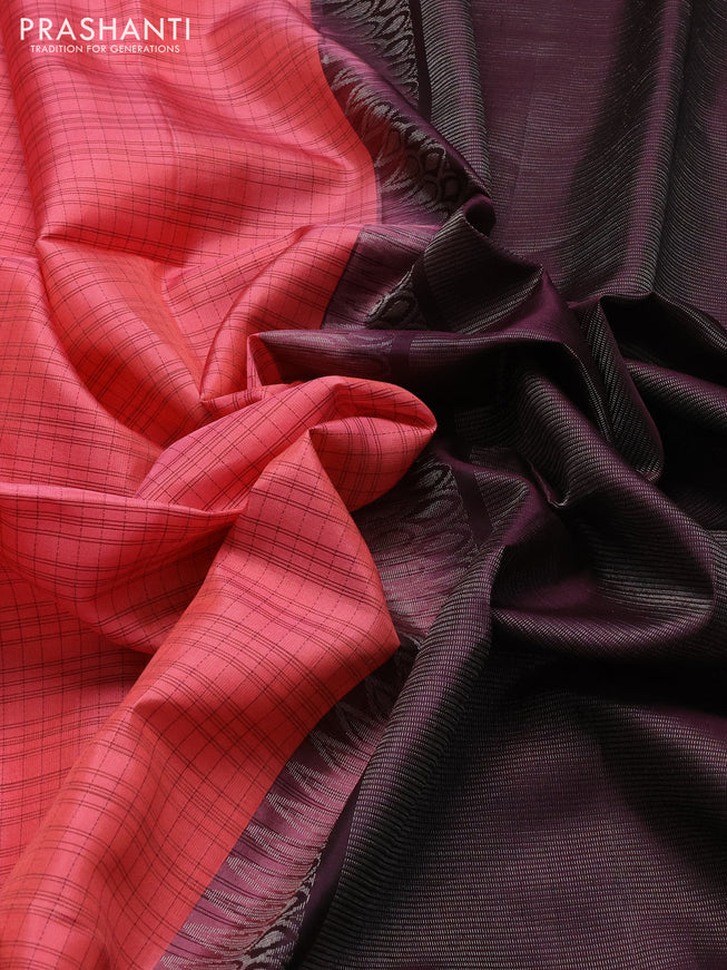 Pure soft silk saree peach pink and wine shade with allover thread woven checked pattern and paisley thread woven butta border