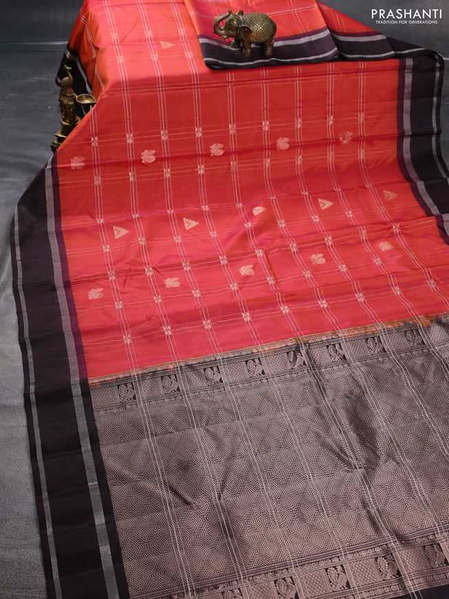 Pure soft silk saree dual shade of pinkish orange and jamun shade with allover zari checks & zari buttas and rettapet silver zari woven border