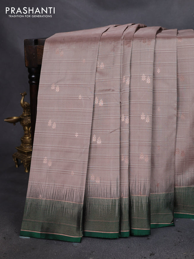 Pure soft silk saree grey and green with copper zari woven buttas and copper zari woven border