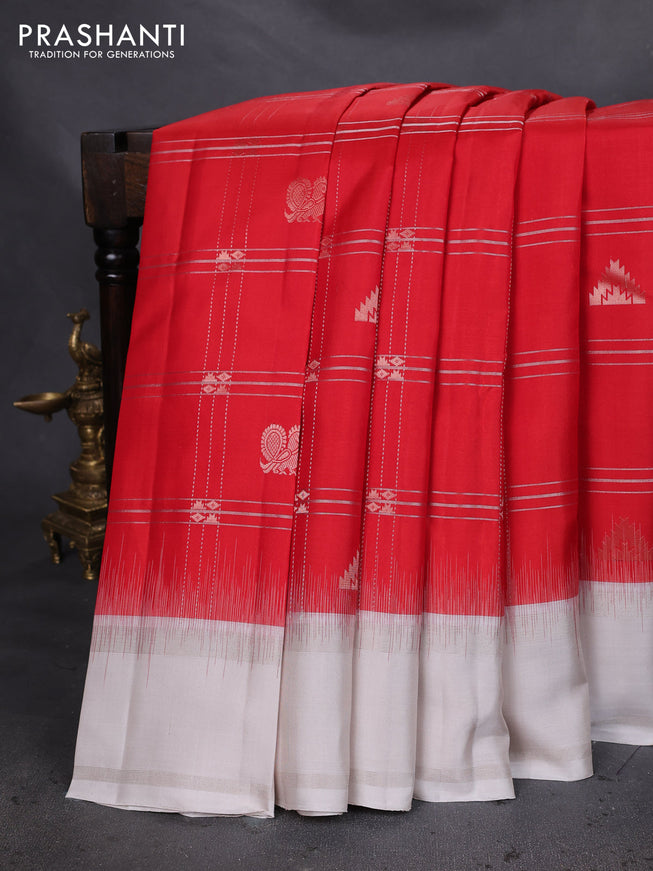 Pure soft silk saree red and off white with allover checks & zari buttas and rettapet silver zari woven border