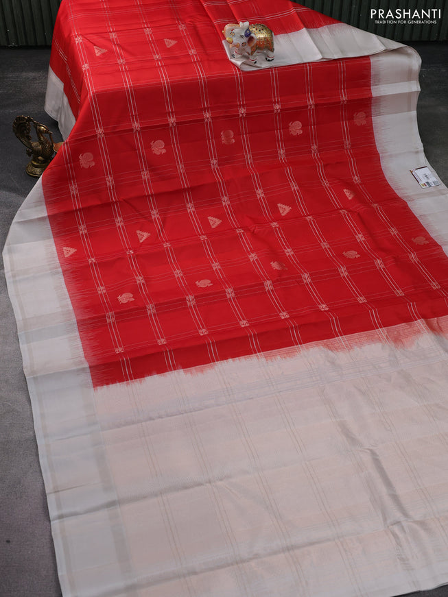 Pure soft silk saree red and off white with allover checks & zari buttas and rettapet silver zari woven border