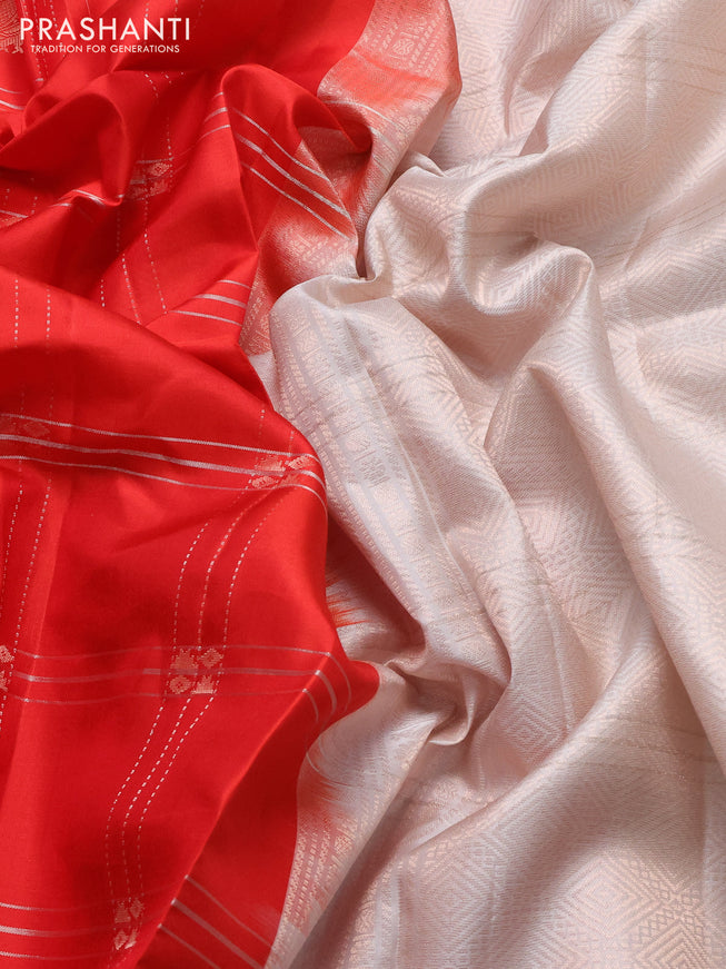 Pure soft silk saree red and off white with allover checks & zari buttas and rettapet silver zari woven border