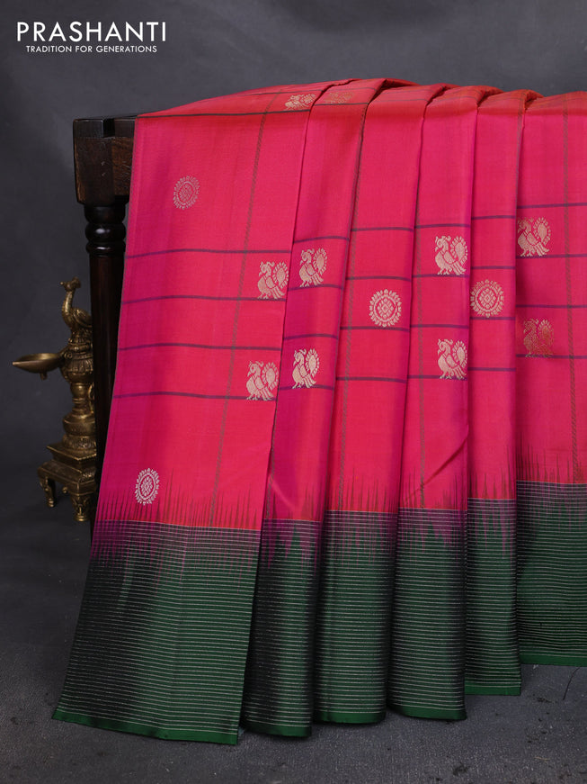 Pure soft silk saree dual shade of pinkish orange and bottle green with allover checks & zari buttas and silver zari woven border