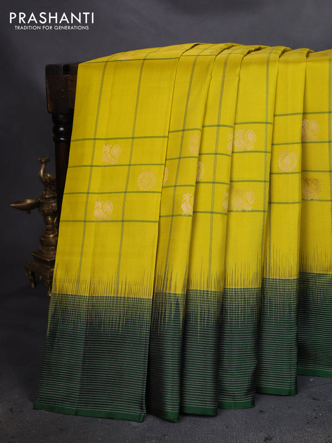 Pure soft silk saree yellow and dark green with allover checks & zari buttas and silver zari woven border