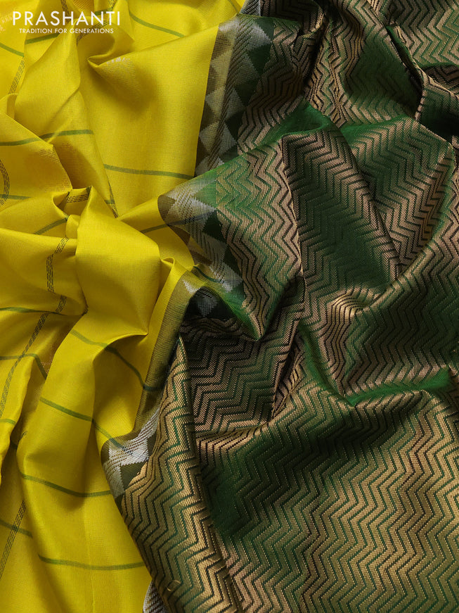 Pure soft silk saree yellow and dark green with allover checks & zari buttas and silver zari woven border