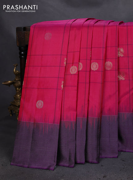Pure soft silk saree magenta pink and purple with allover checks & zari buttas and silver zari woven border