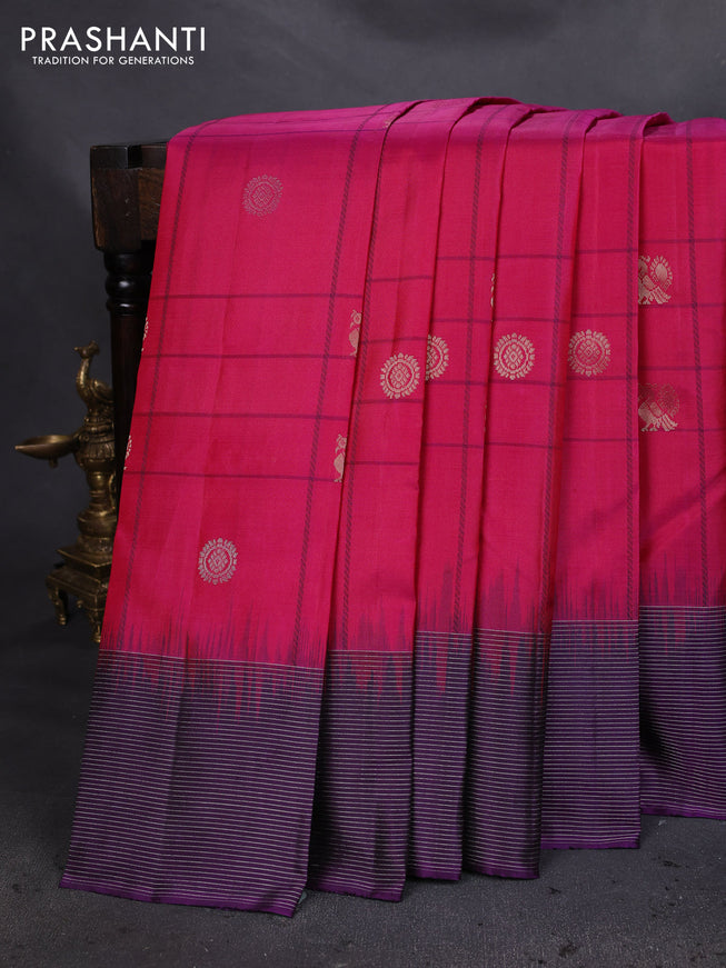 Pure soft silk saree magenta pink and purple with allover checks & zari buttas and silver zari woven border