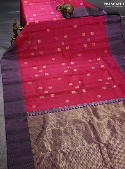 Pure soft silk saree magenta pink and purple with allover checks & zari buttas and silver zari woven border