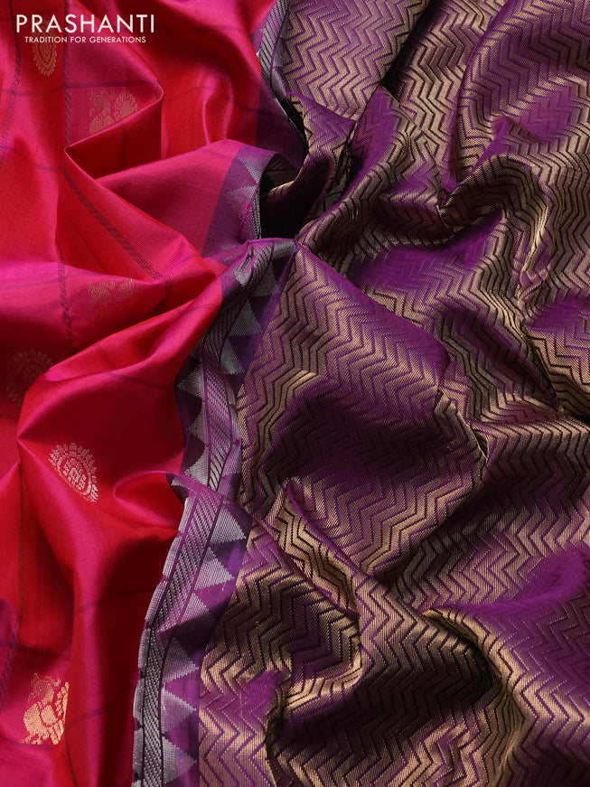 Pure soft silk saree magenta pink and purple with allover checks & zari buttas and silver zari woven border