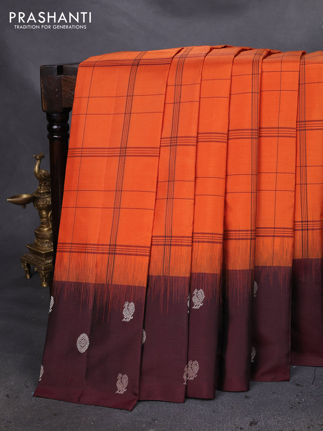 Pure soft silk saree orange and maroon with allover checked pattern and zari woven butta border