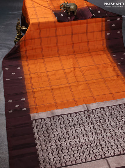 Pure soft silk saree orange and maroon with allover checked pattern and zari woven butta border