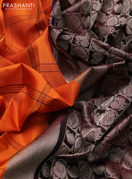 Pure soft silk saree orange and maroon with allover checked pattern and zari woven butta border