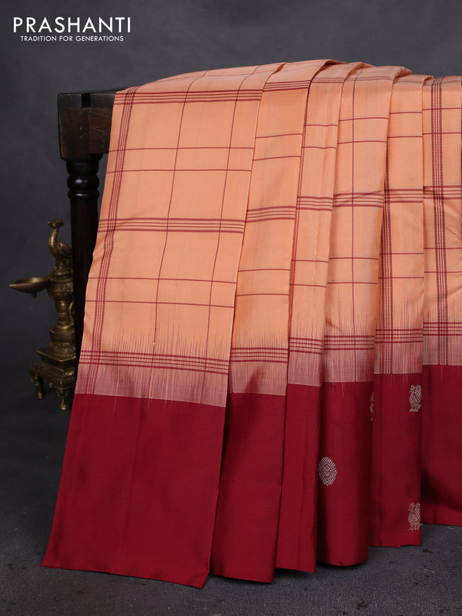 Pure soft silk saree pale orange and maroon with allover checked pattern and zari woven butta border