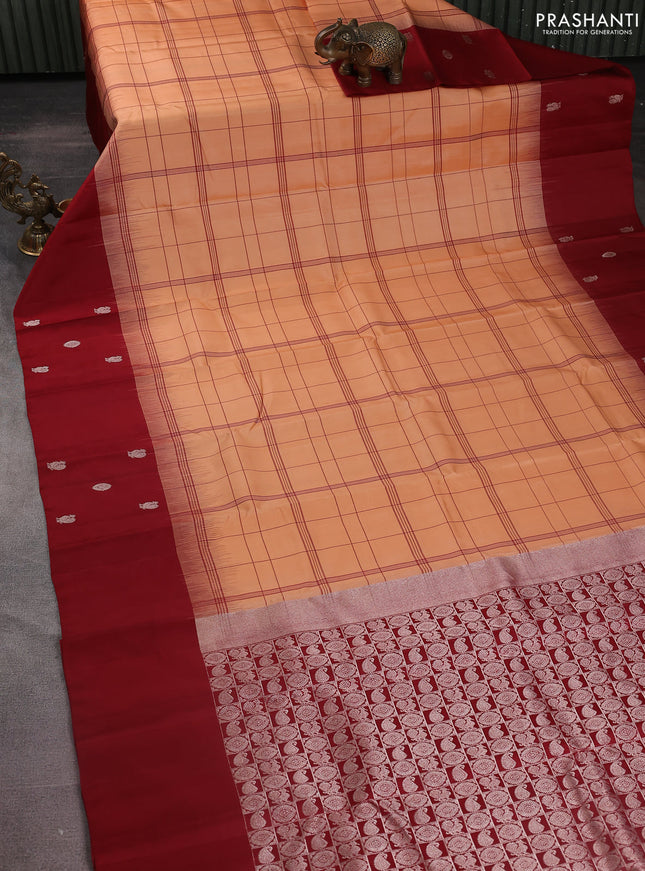 Pure soft silk saree pale orange and maroon with allover checked pattern and zari woven butta border