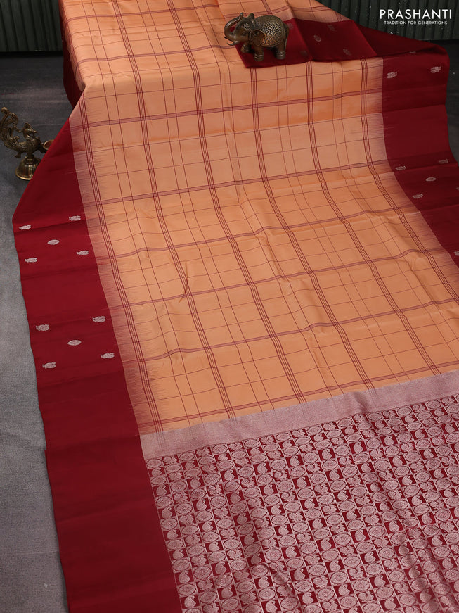 Pure soft silk saree pale orange and maroon with allover checked pattern and zari woven butta border