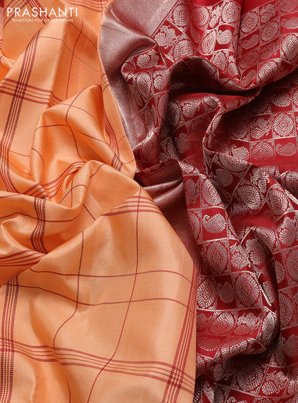 Pure soft silk saree pale orange and maroon with allover checked pattern and zari woven butta border