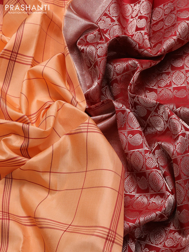 Pure soft silk saree pale orange and maroon with allover checked pattern and zari woven butta border