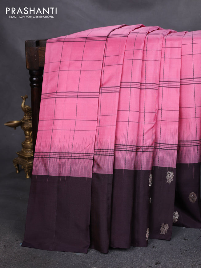 Pure soft silk saree light pink and jamun shade with allover checked pattern and zari woven butta border