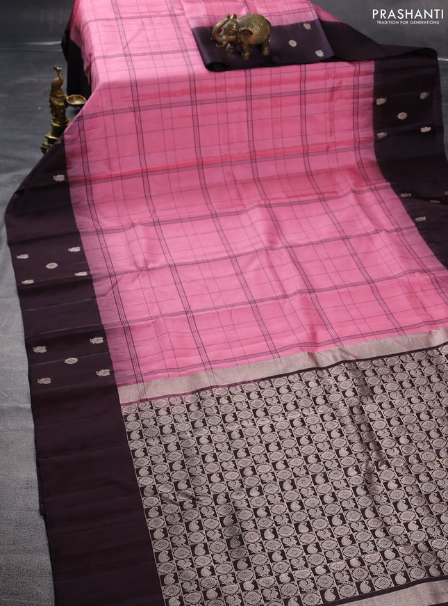 Pure soft silk saree light pink and jamun shade with allover checked pattern and zari woven butta border