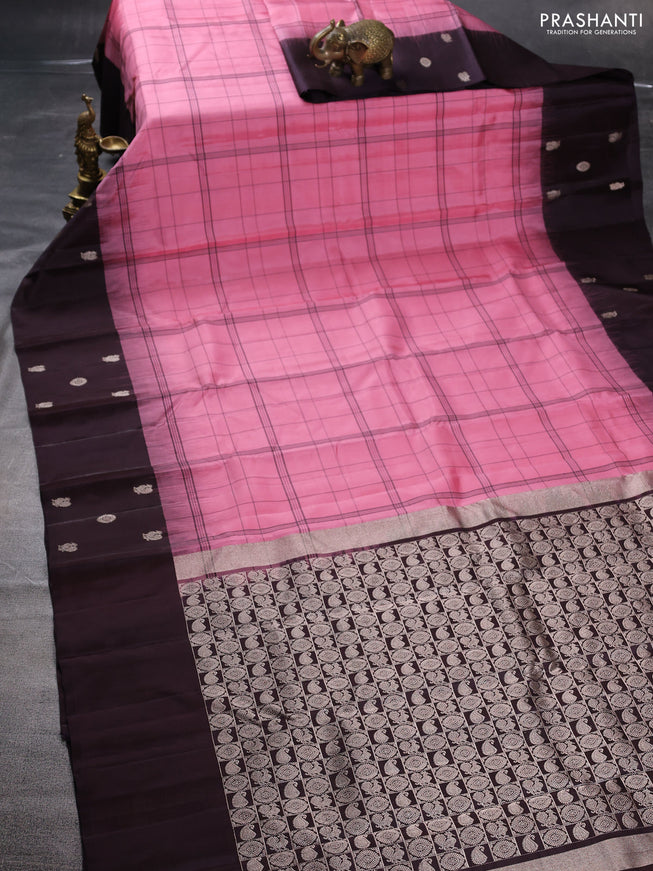 Pure soft silk saree light pink and jamun shade with allover checked pattern and zari woven butta border